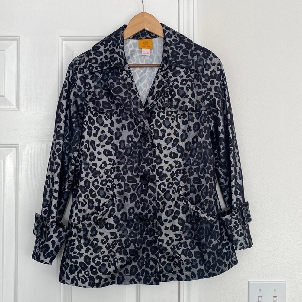 Ruby Rd cheetah print jacket with large black buttons.